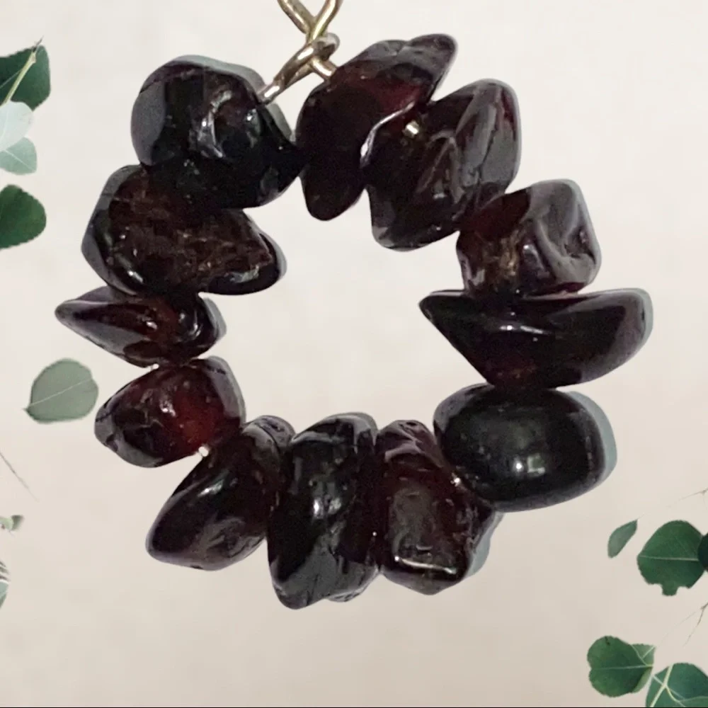 Hand Crafted Garnet Chip Earrings Sterling Silver Dangle Hoop Red Boho Pierced - Picture 2 of 5